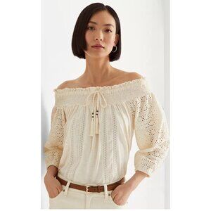 Lauren Ralph Lauren Off-Shoulder Smocked Cotton Eyelet Top‎ W/ Tassel Accents L